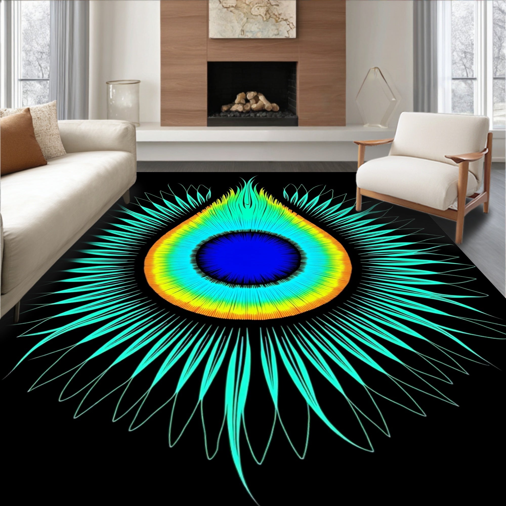 Vibrant Teal Rainbow Peacock Eye Rug