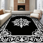 Black White Floral Medallion Border Rug