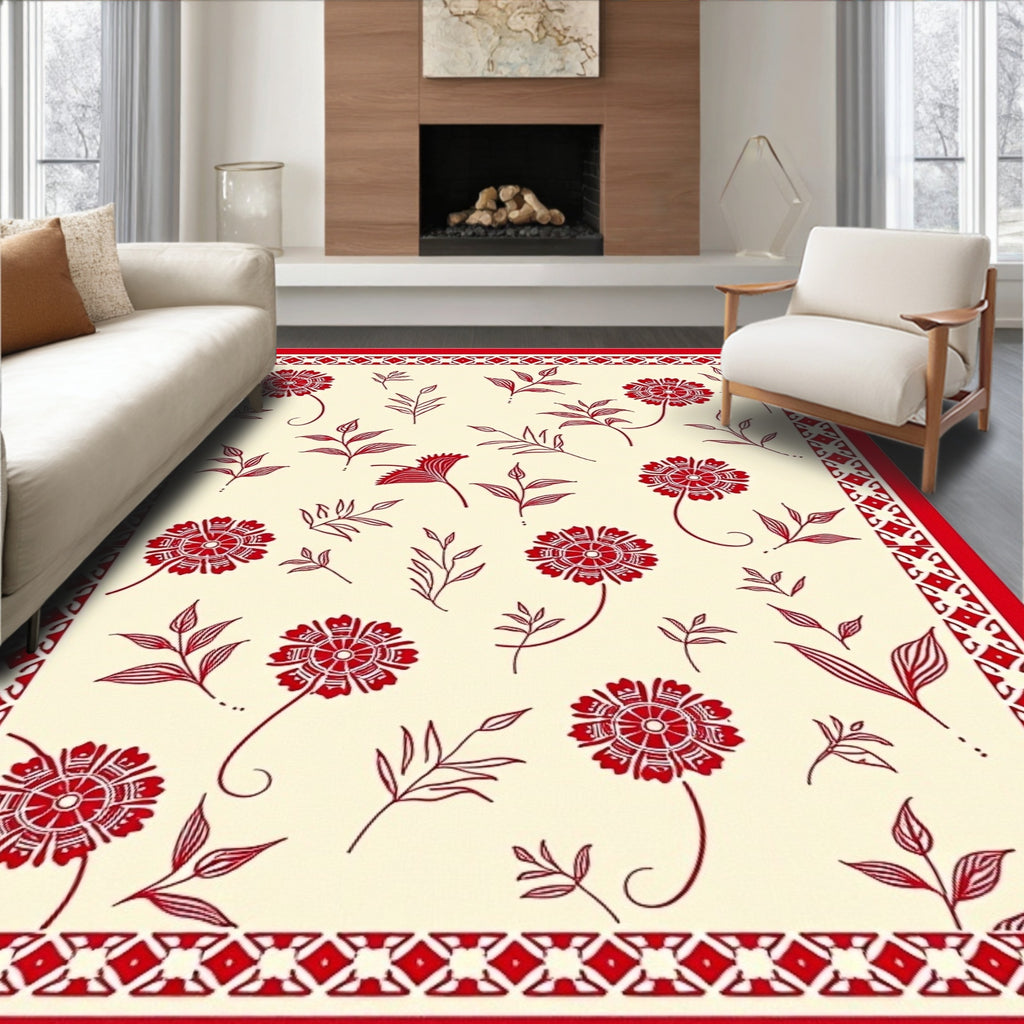 Crimson Floral Botanical Border Rug