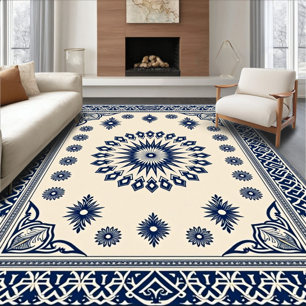 Navy Blue Geometric Medallion Floral Rug