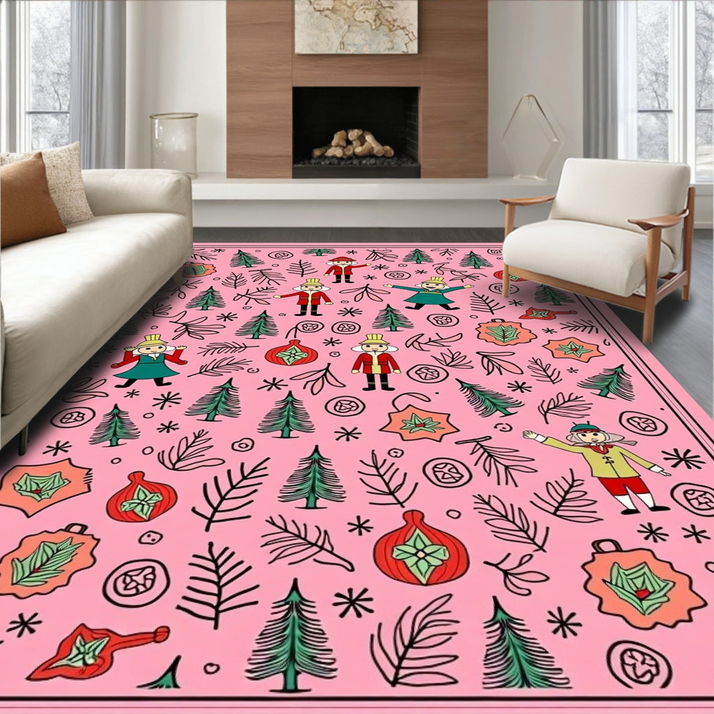 Pink Whimsical Christmas Characters and Trees Rug