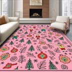 Pink Whimsical Christmas Characters and Trees Rug