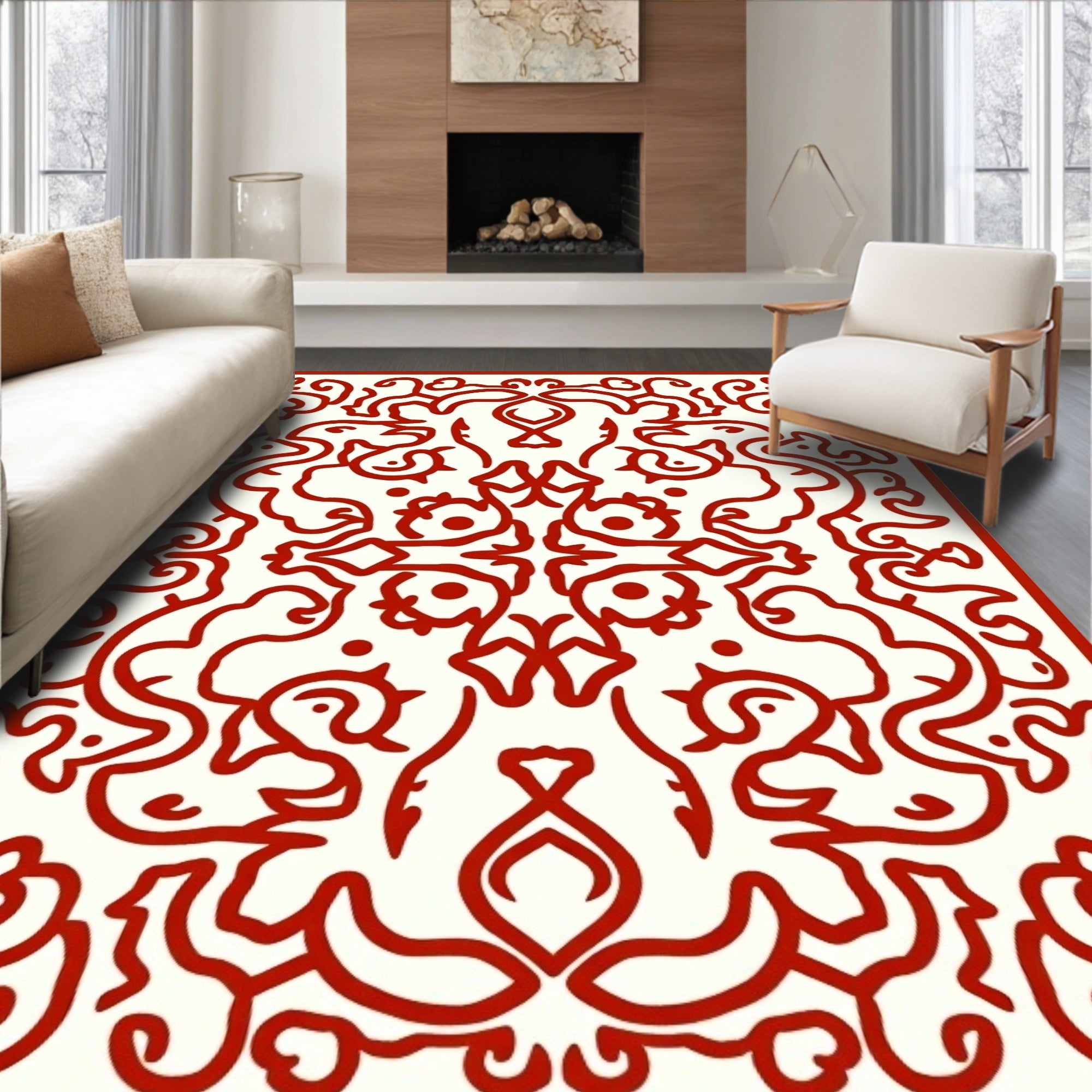 Crimson Whimsical Scrollwork Medallion Rug