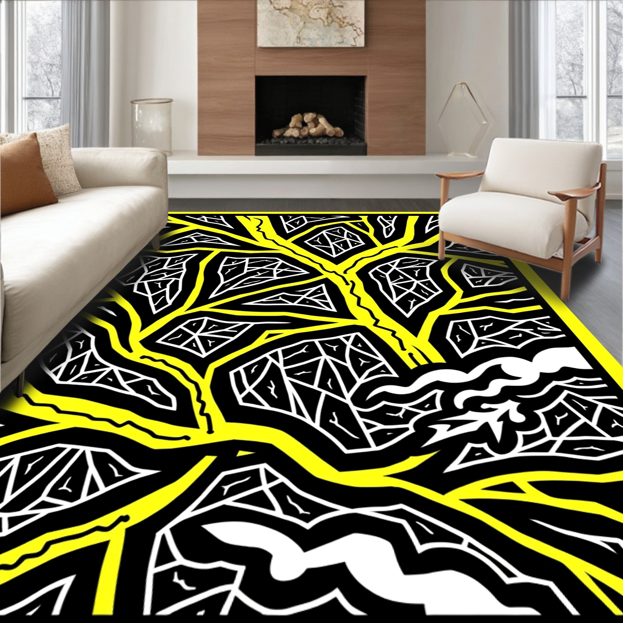 Bold Yellow Abstract Branching Geometric Rug