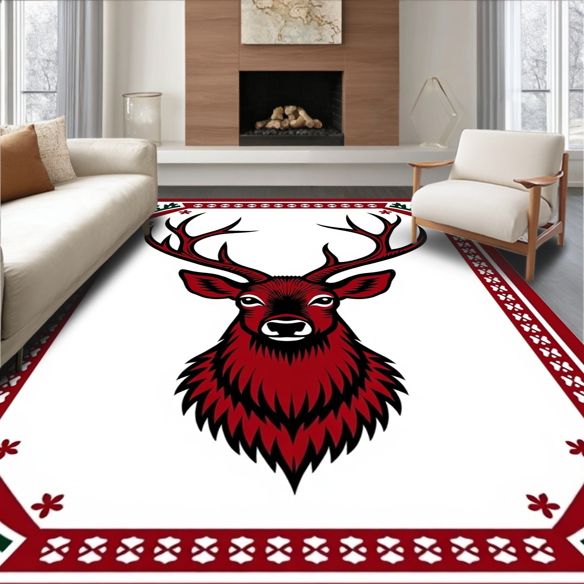 Crimson Deer Head Festive Border Rug