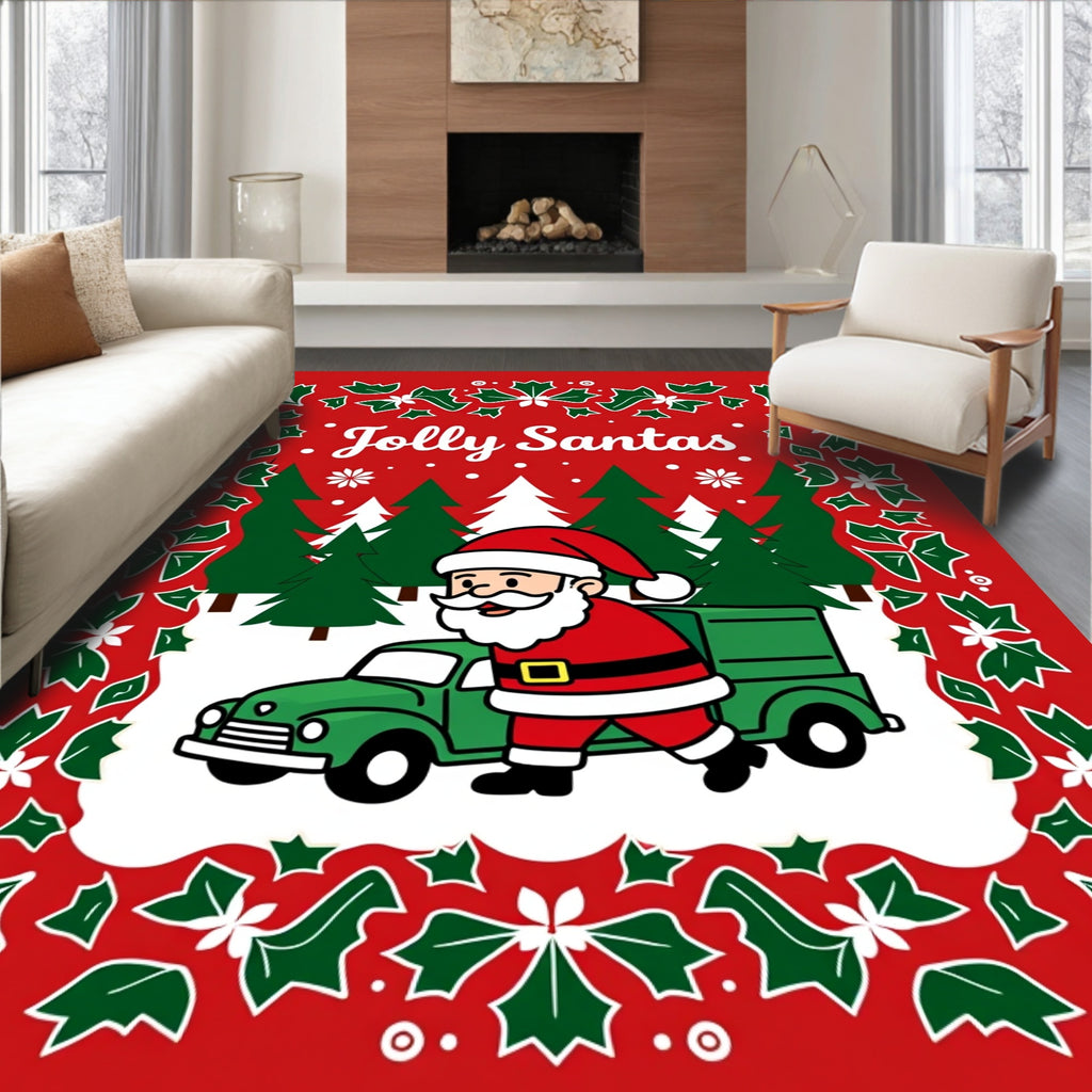 Christmas Santa Truck Holly Border Rug