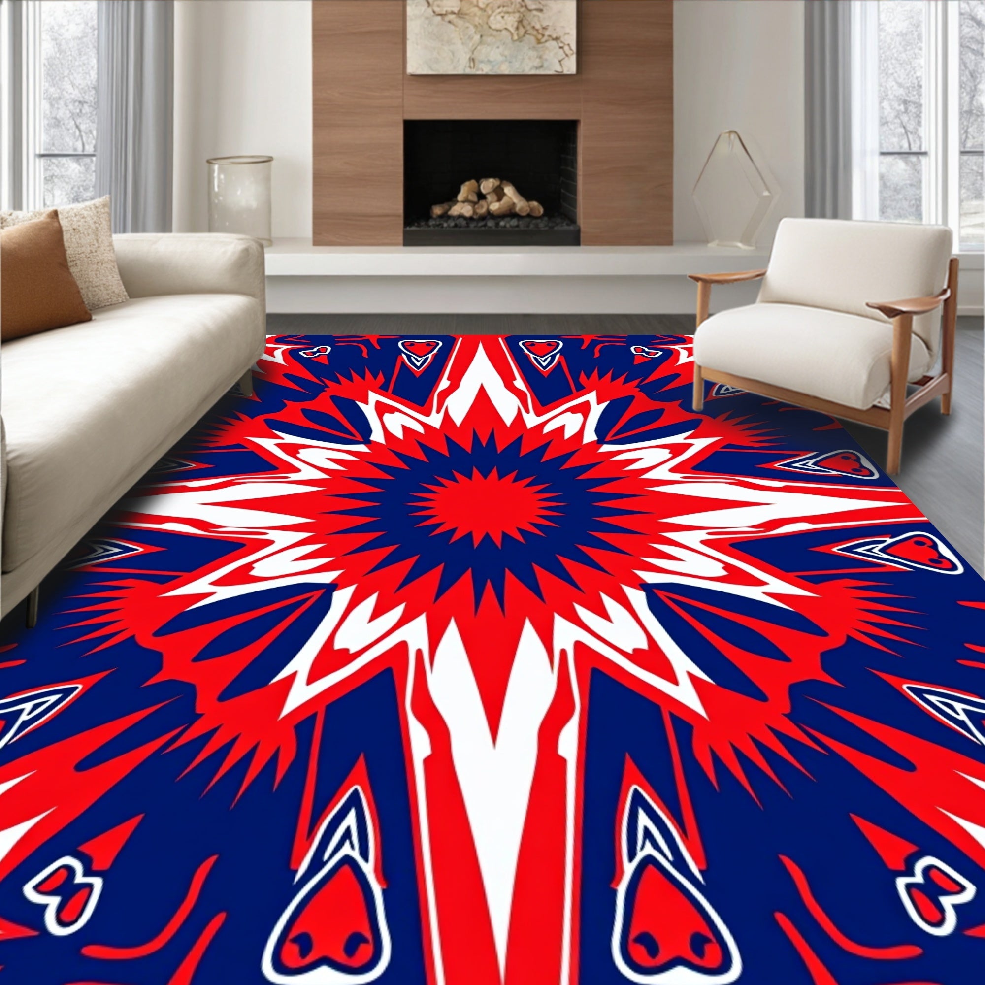 Vibrant Red Blue Sunburst Mandala Rug