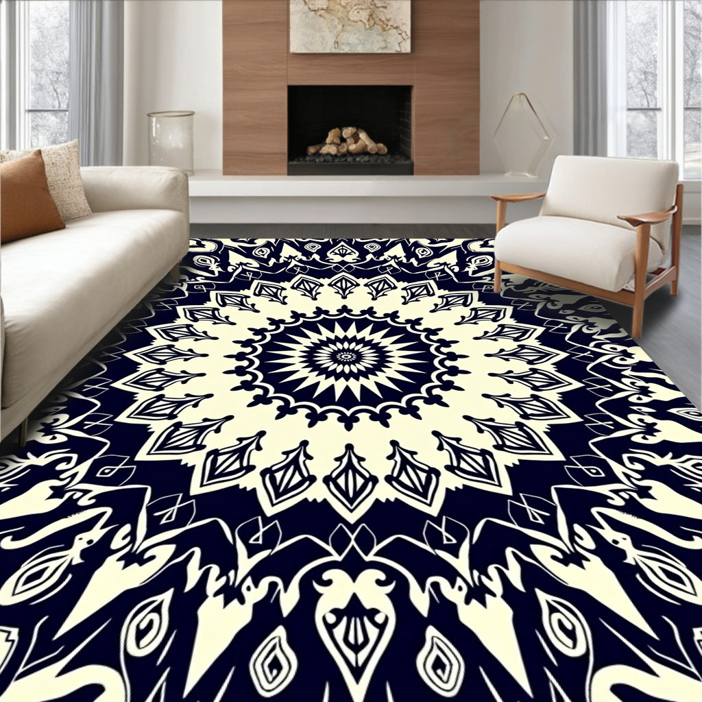 Ivory Navy Mandala Flower medallion Rug