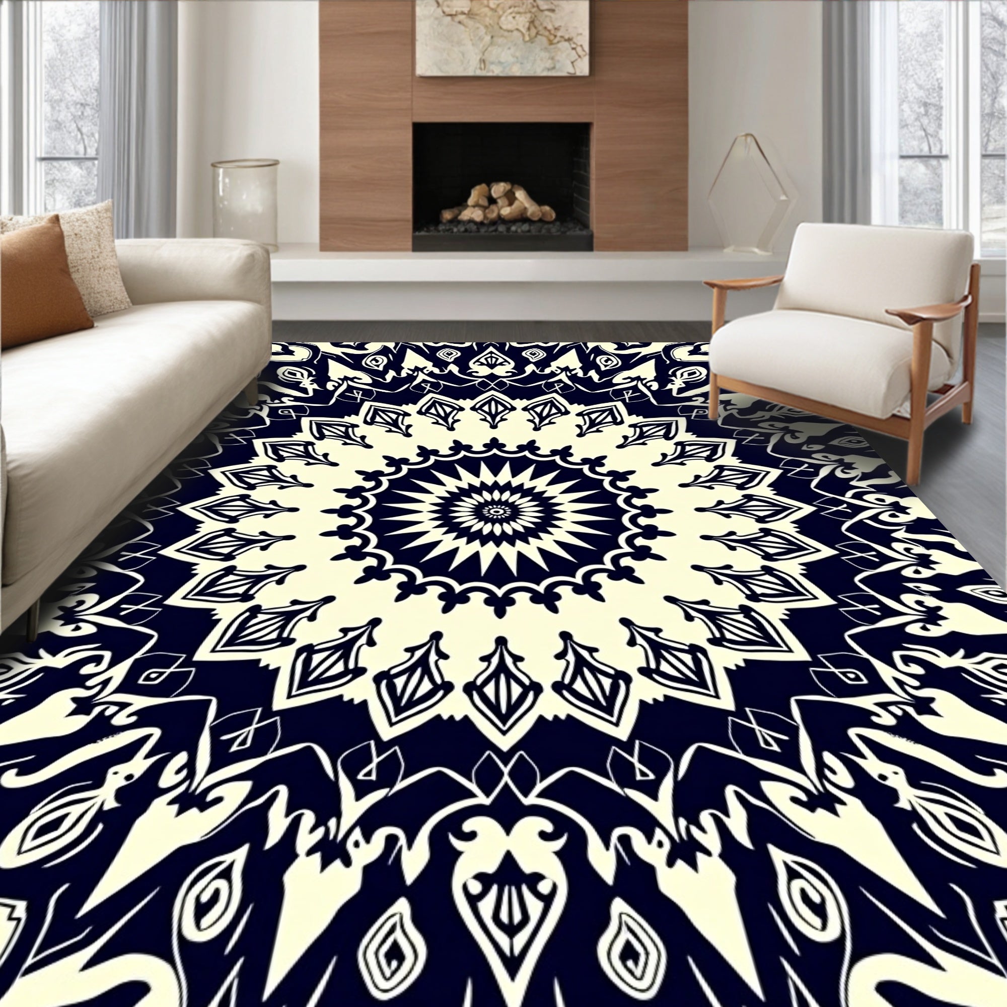 Ivory Navy Mandala Flower medallion Rug