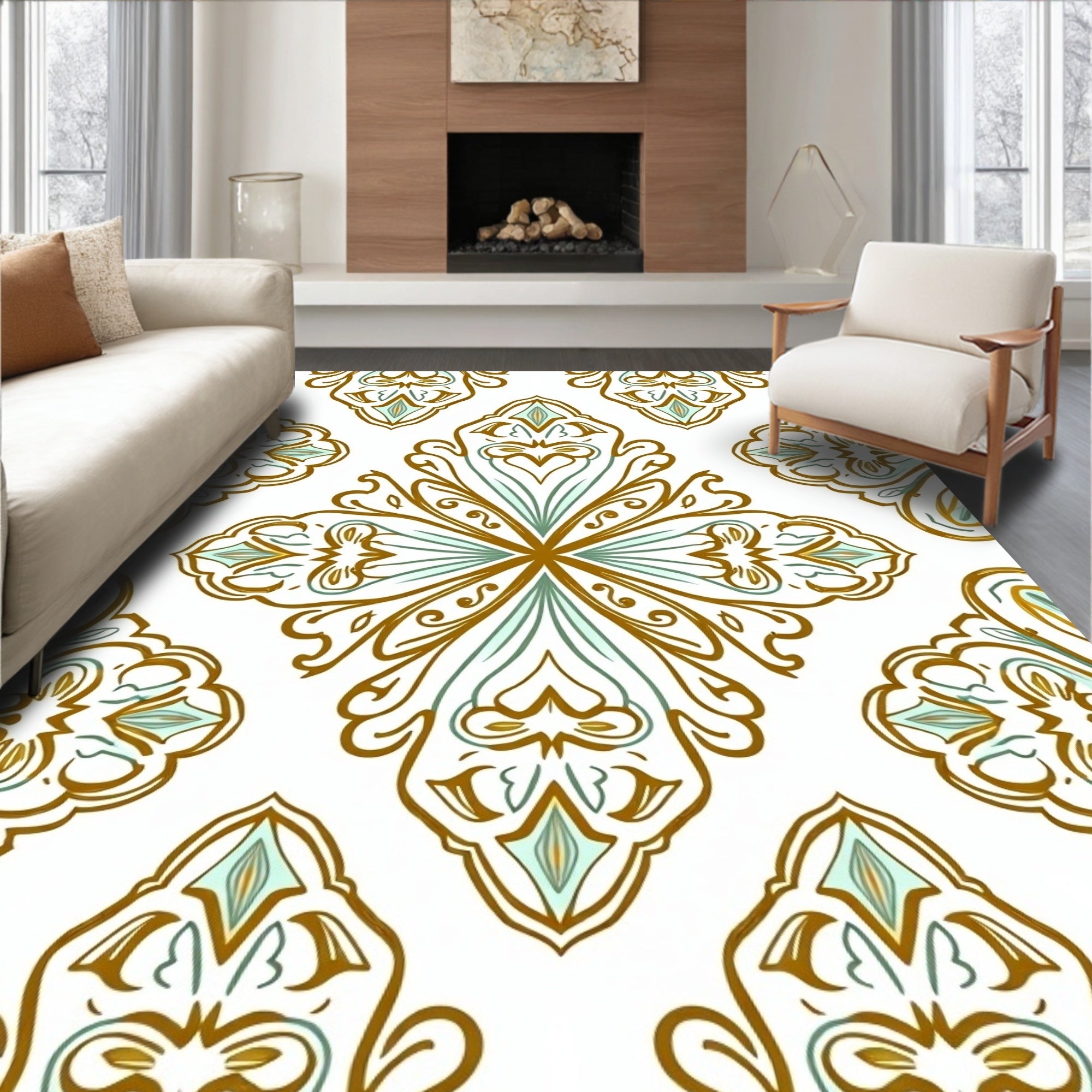 Gold Blue Floral Damask medallion Rug