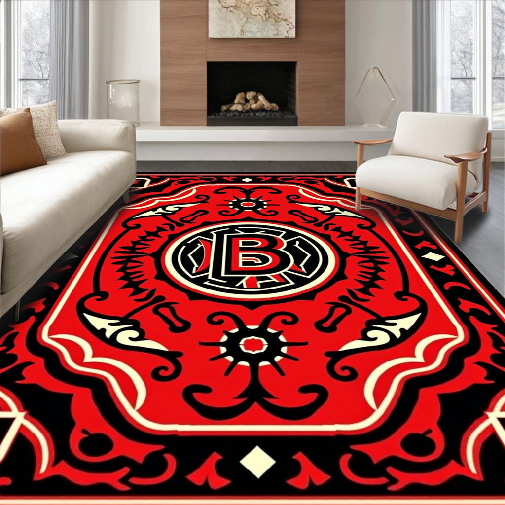 Bold Red Black Circular Emblem Rug