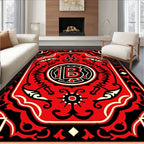 Bold Red Black Circular Emblem Rug