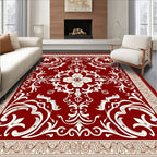 Rich Red White Floral Damask Rug