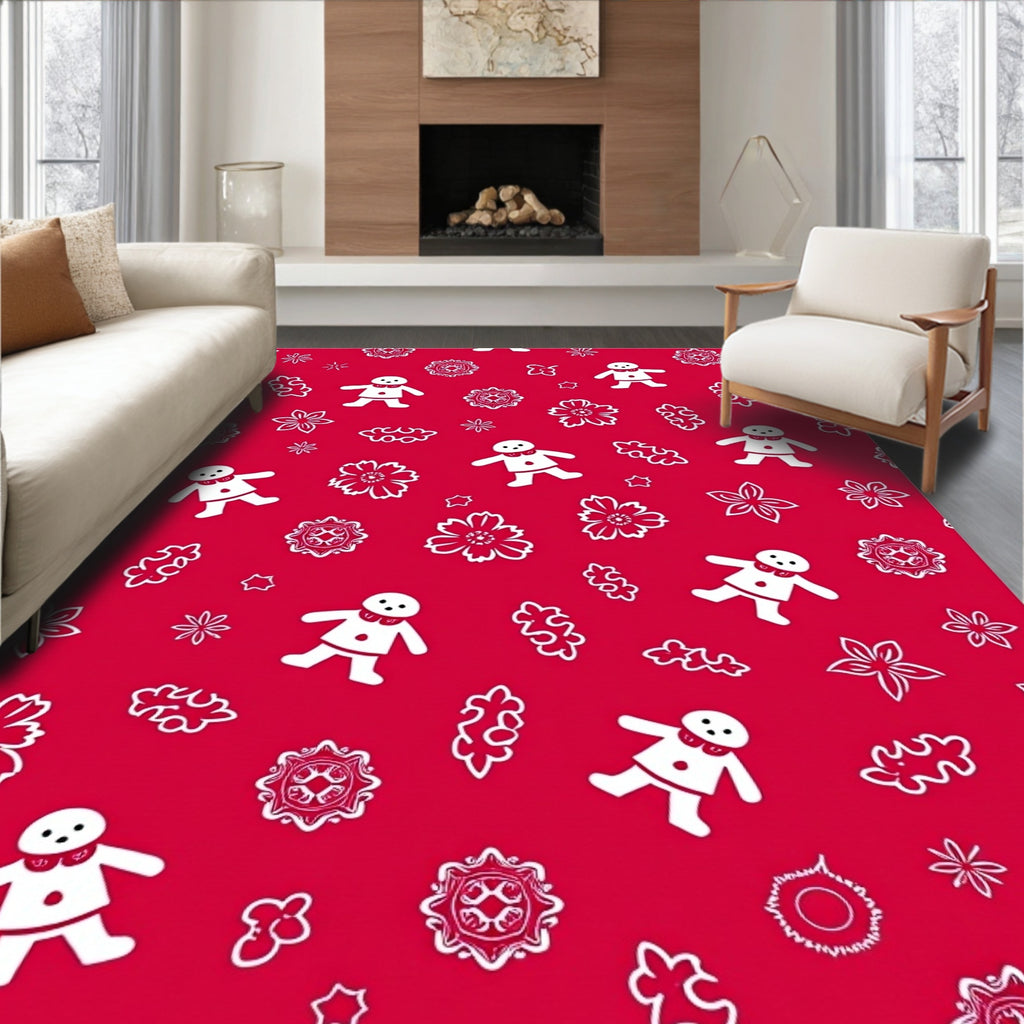 Whimsical Red Gingerbread Flowers Stars Rug