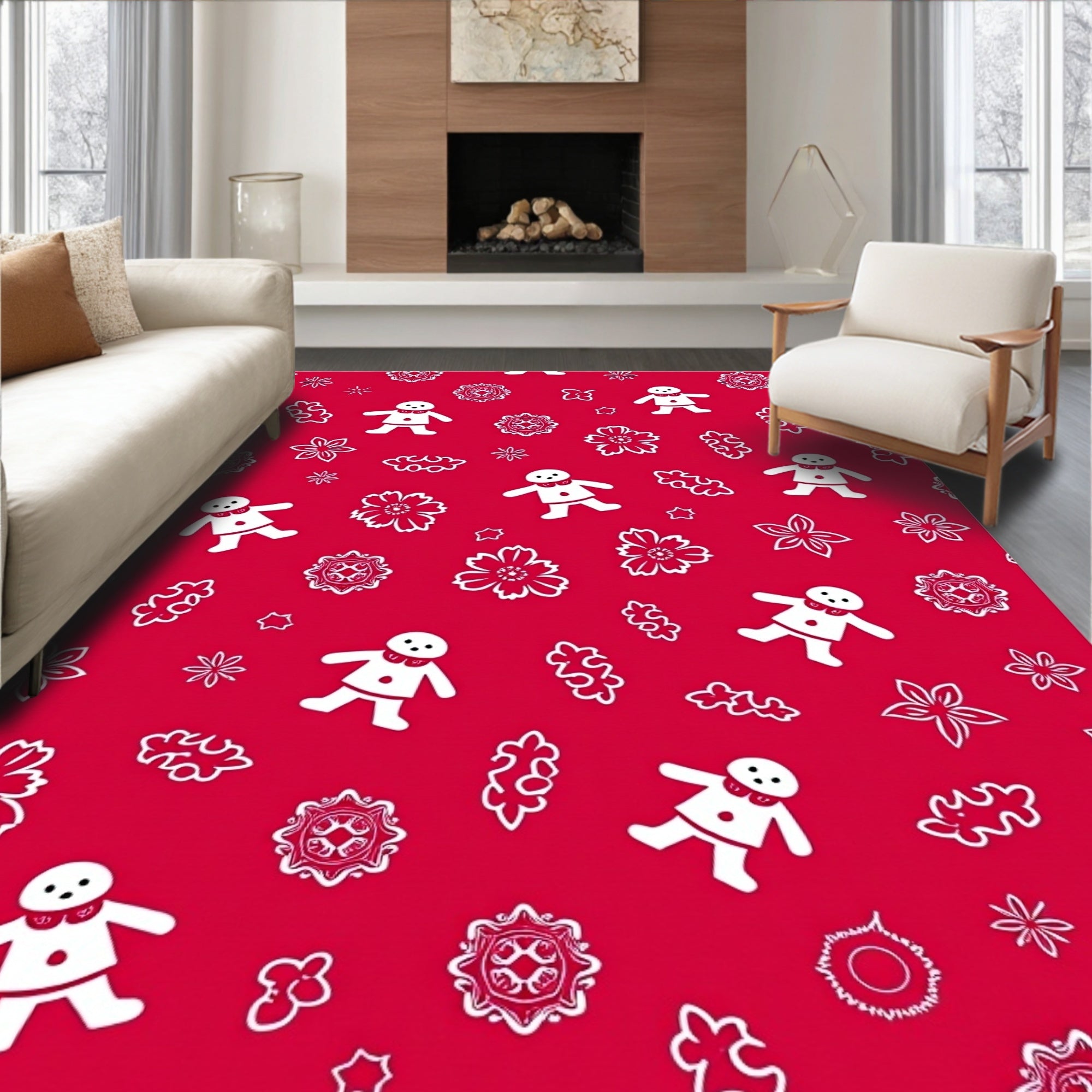 Whimsical Red Gingerbread Flowers Stars Rug