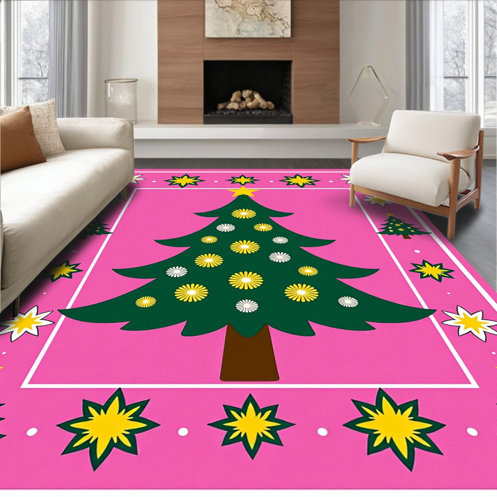 Pink Festive Christmas Tree Stars Rug