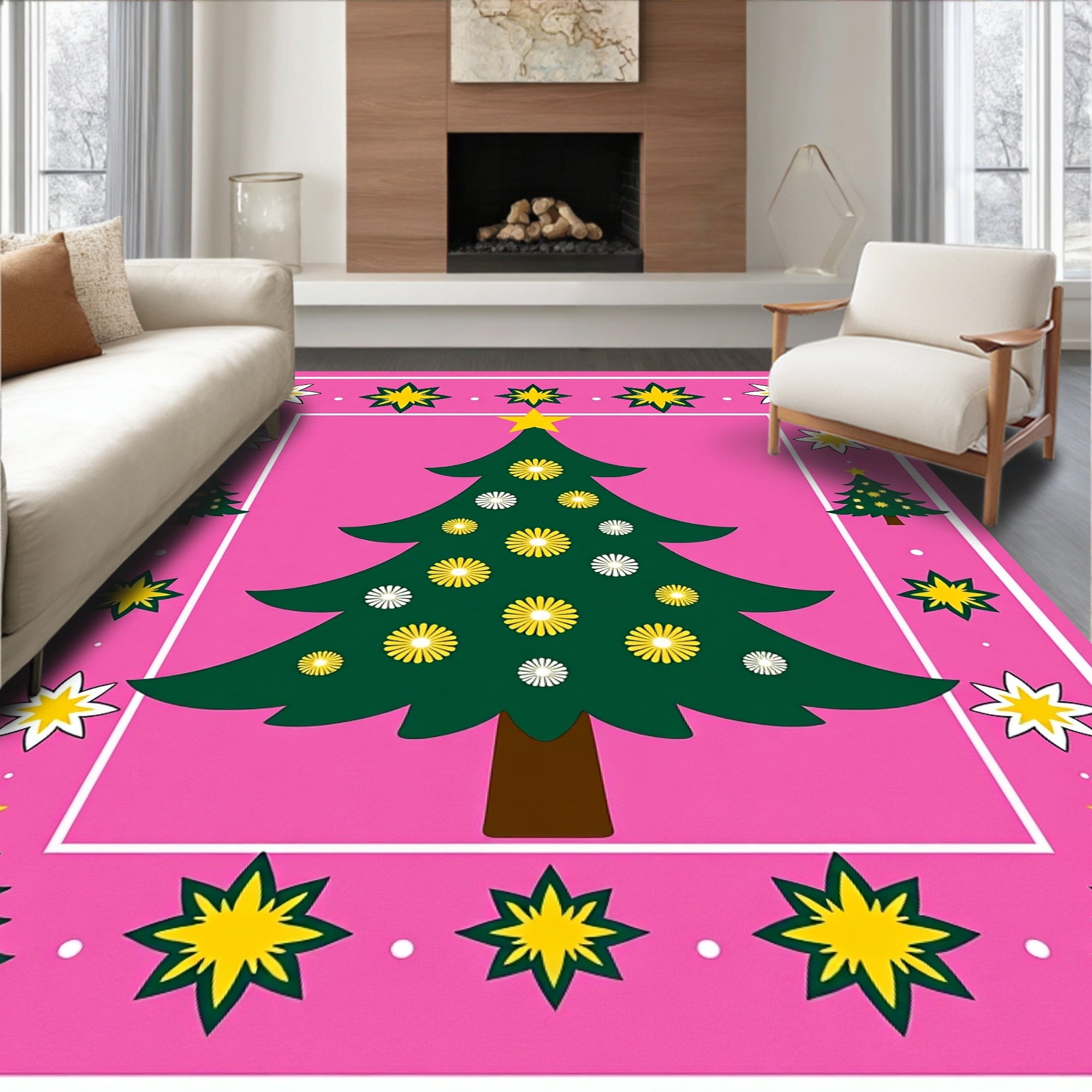 Pink Festive Christmas Tree Stars Rug