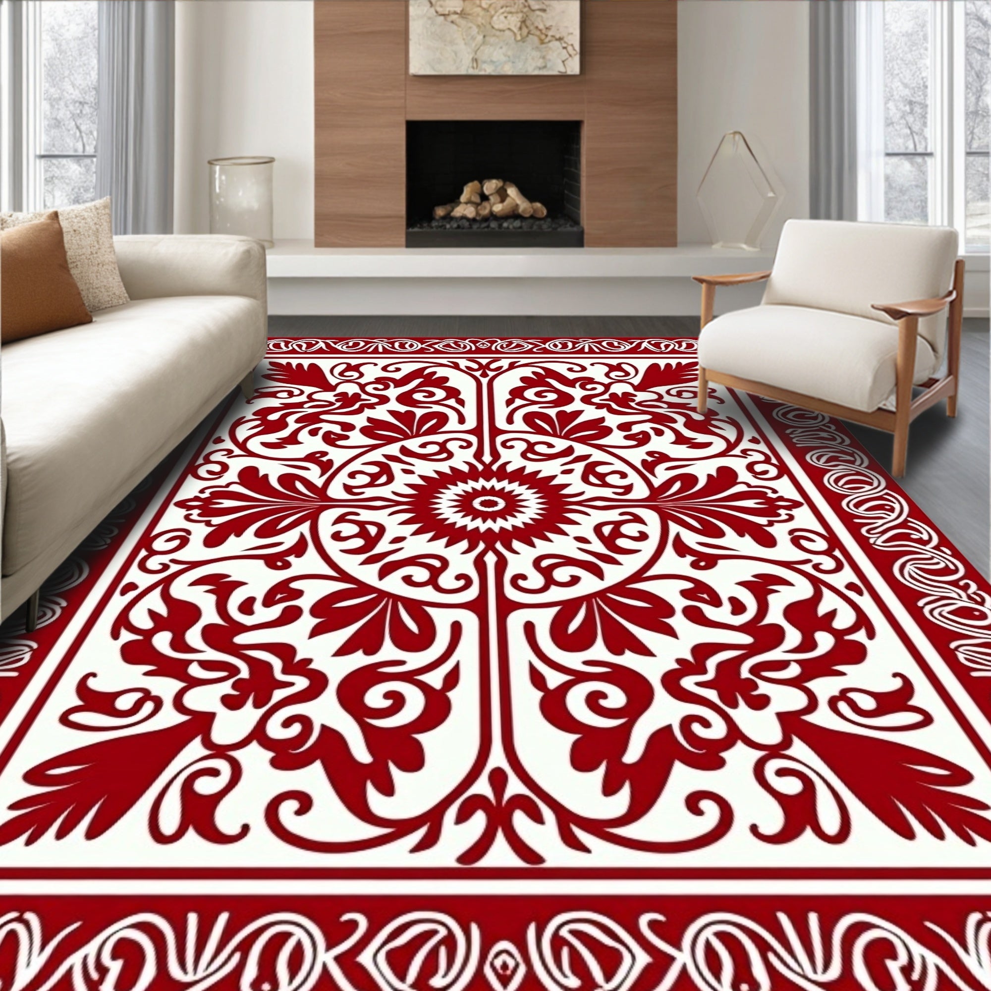 Crimson Red Floral Medallion Border Rug