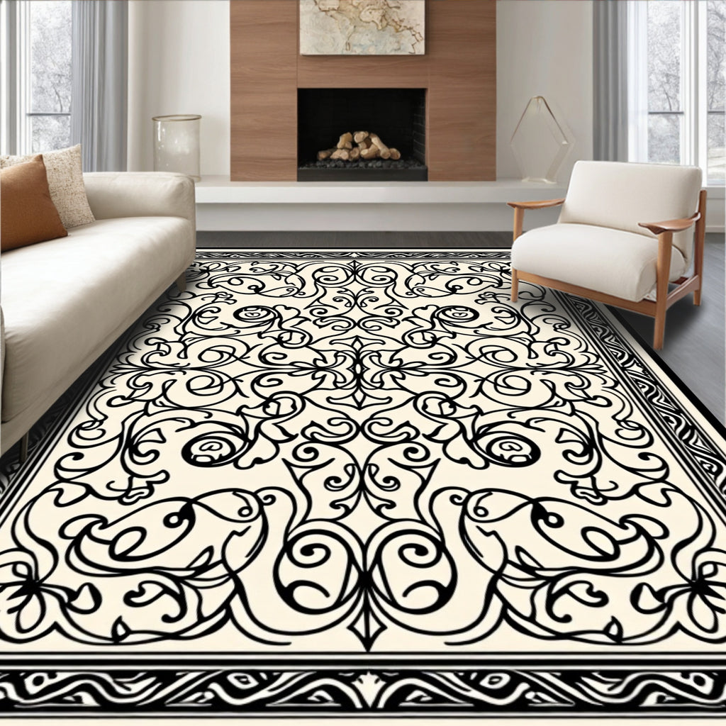 Cream Black Scrollwork Floral Border Rug
