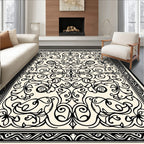 Cream Black Scrollwork Floral Border Rug
