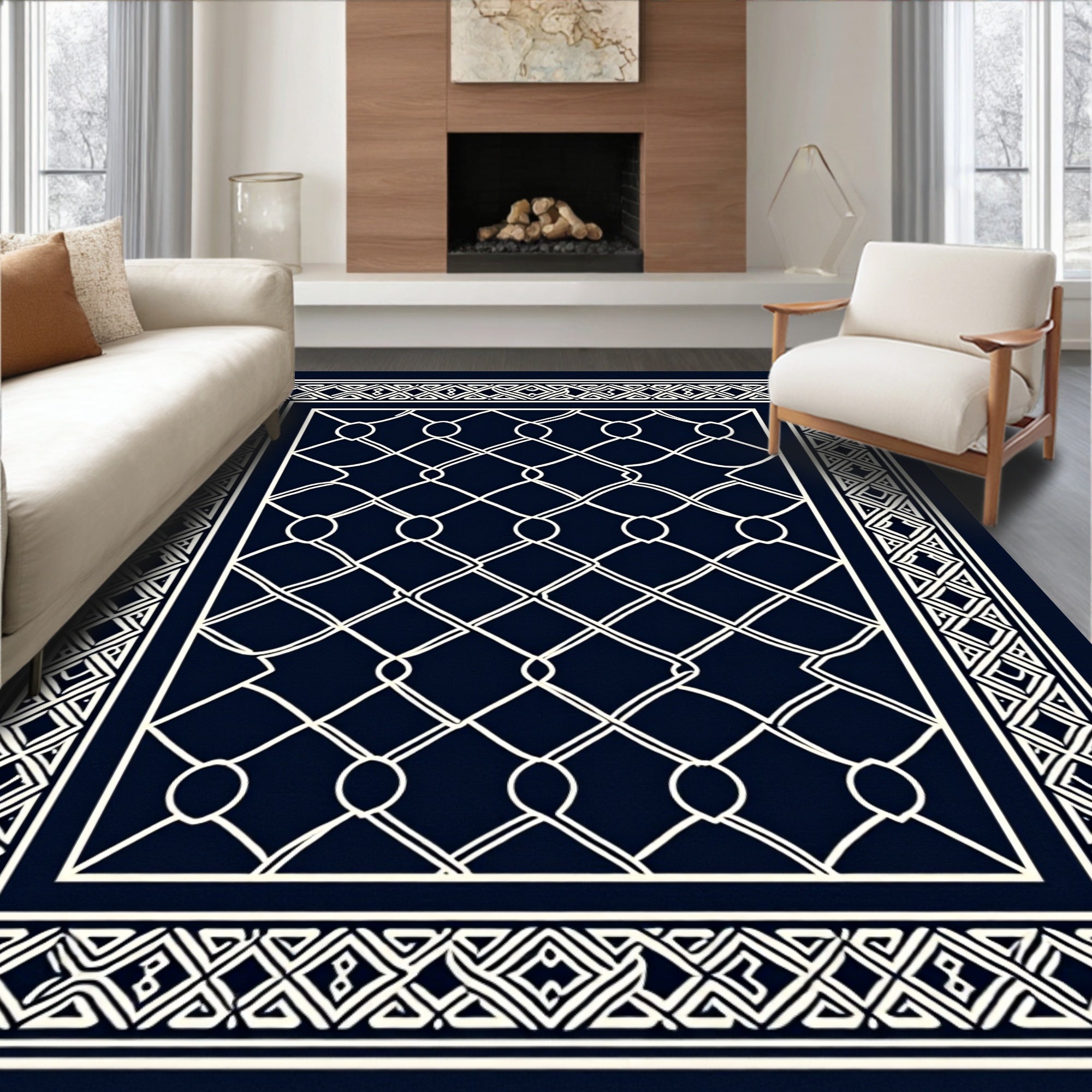 Navy White Interlocking Chain Link Rug