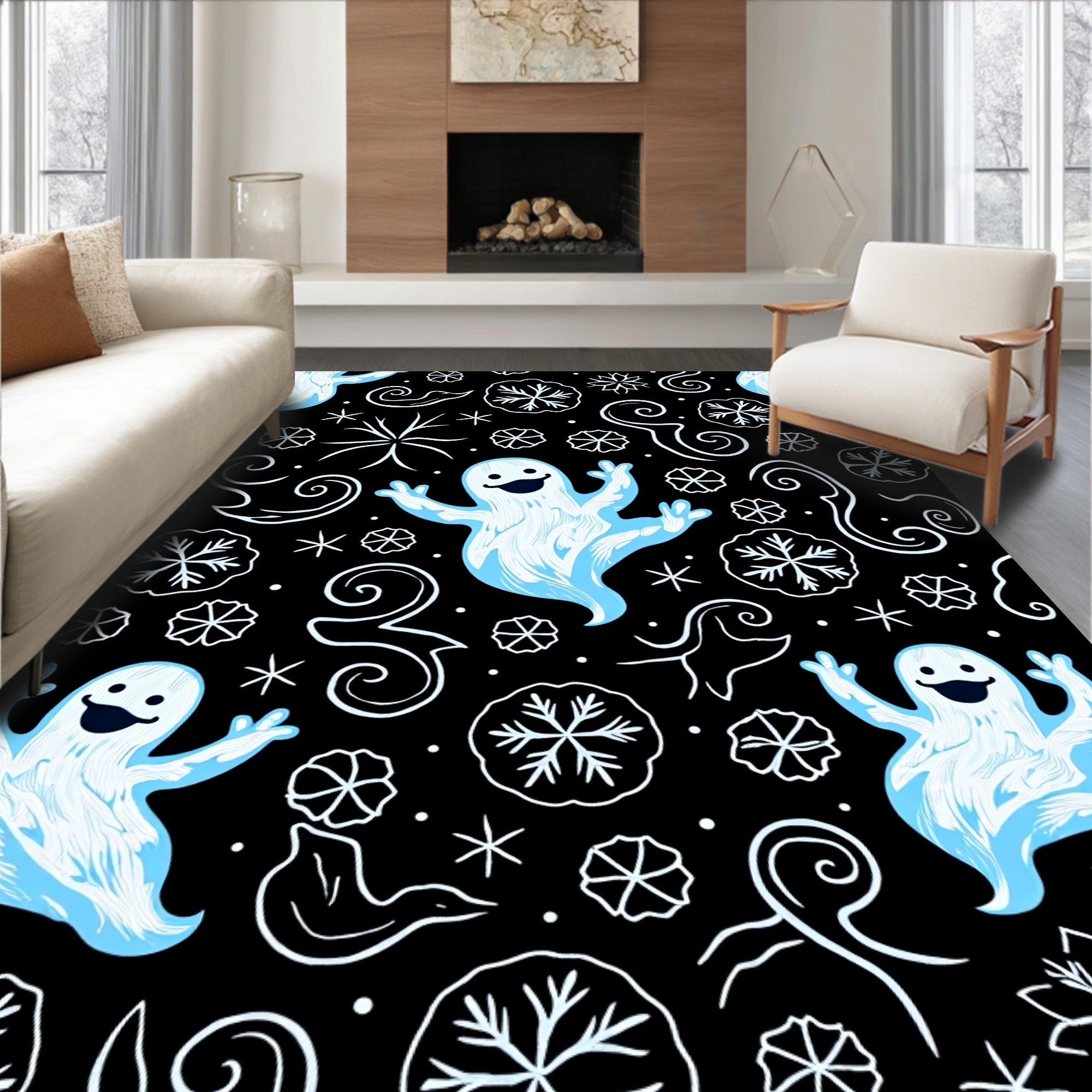 Spooky Blue Ghosts Snowflakes Whimsical Swirls Rug