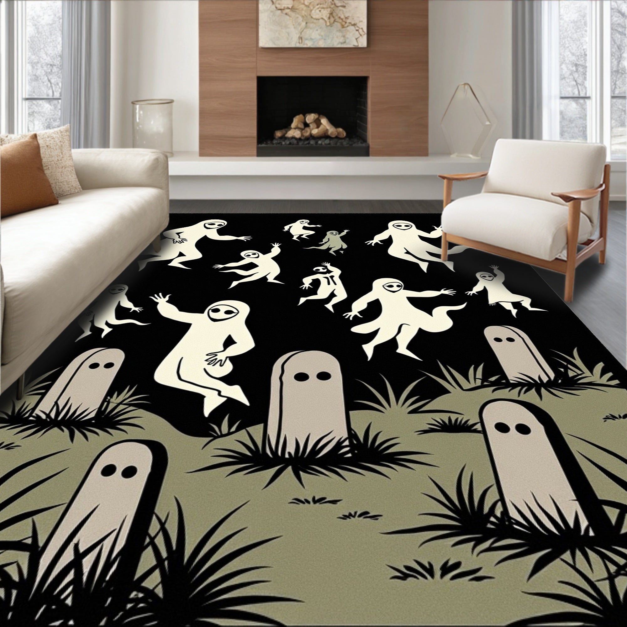 Spooky Ghost Tombstone Graveyard Scene Rug