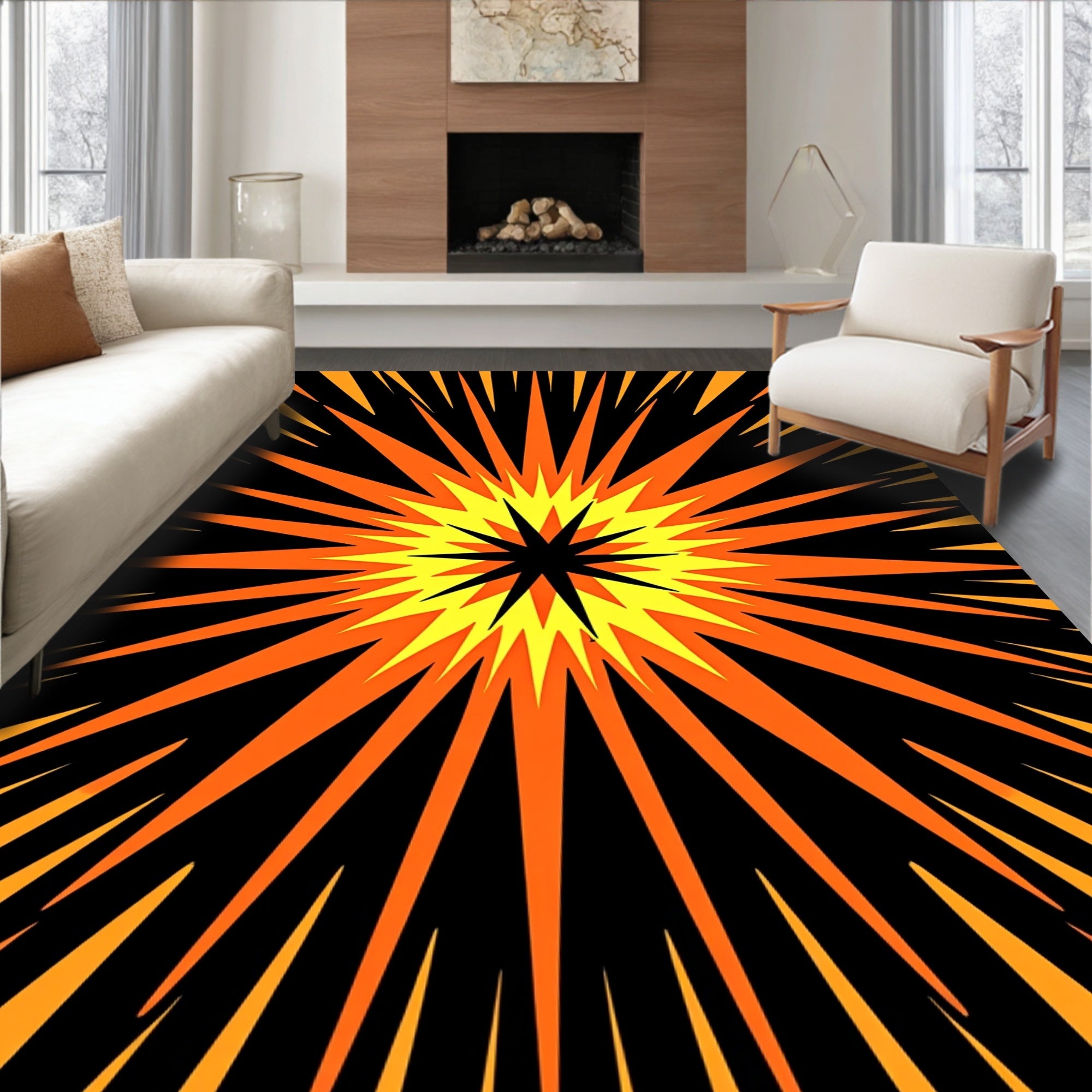 Bold Yellow Orange Sunburst Explosion Rug