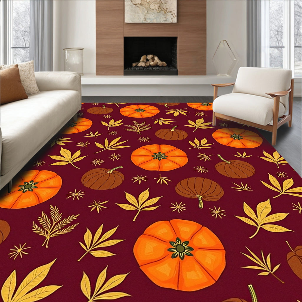 Orange Pumpkin Autumn Leaf Burgundy Rug