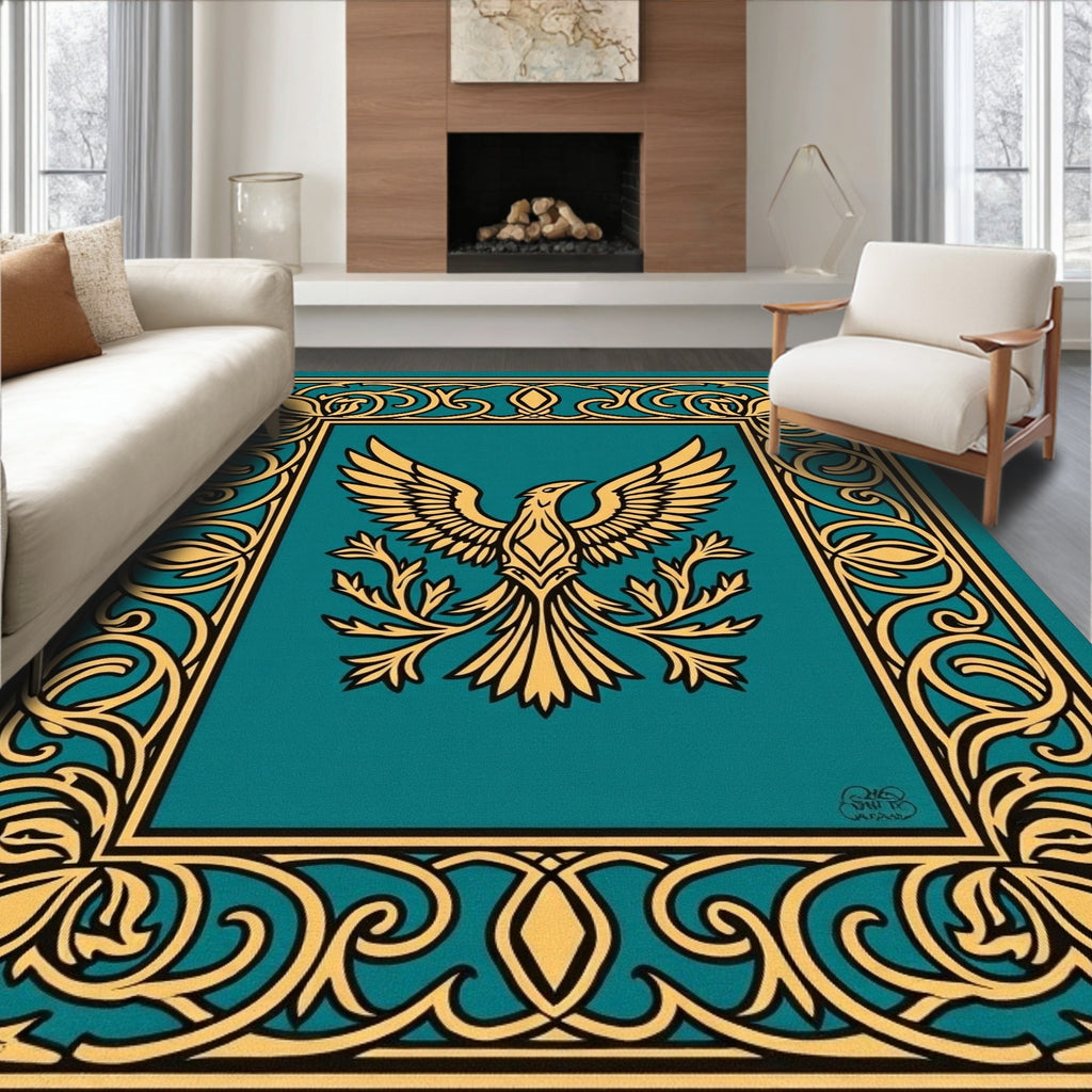 Ornate Teal Golden Phoenix Frame Rug