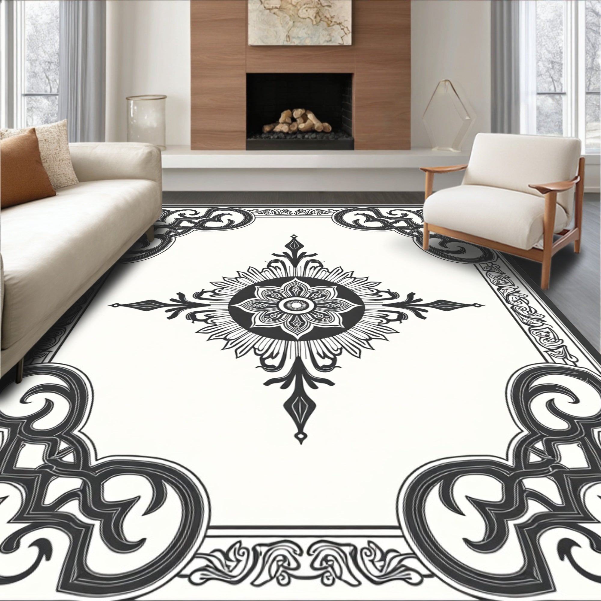 Ornate Black and White Medallion Rug
