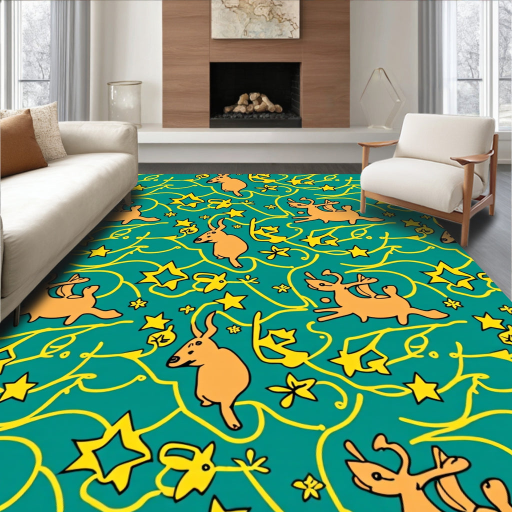 Whimsical Orange Deer Teal Star Swirls Rug