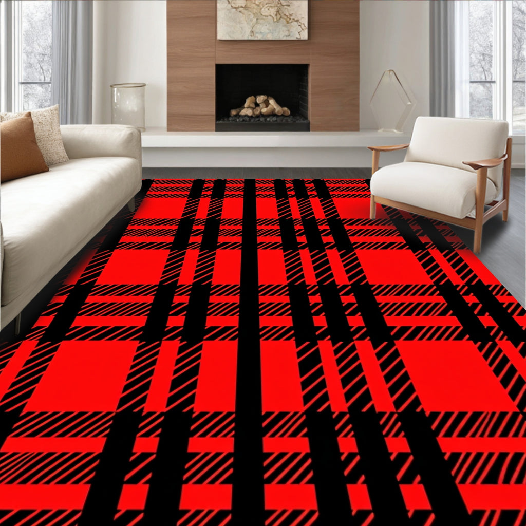 Bold Red Black Plaid Stripes Rug