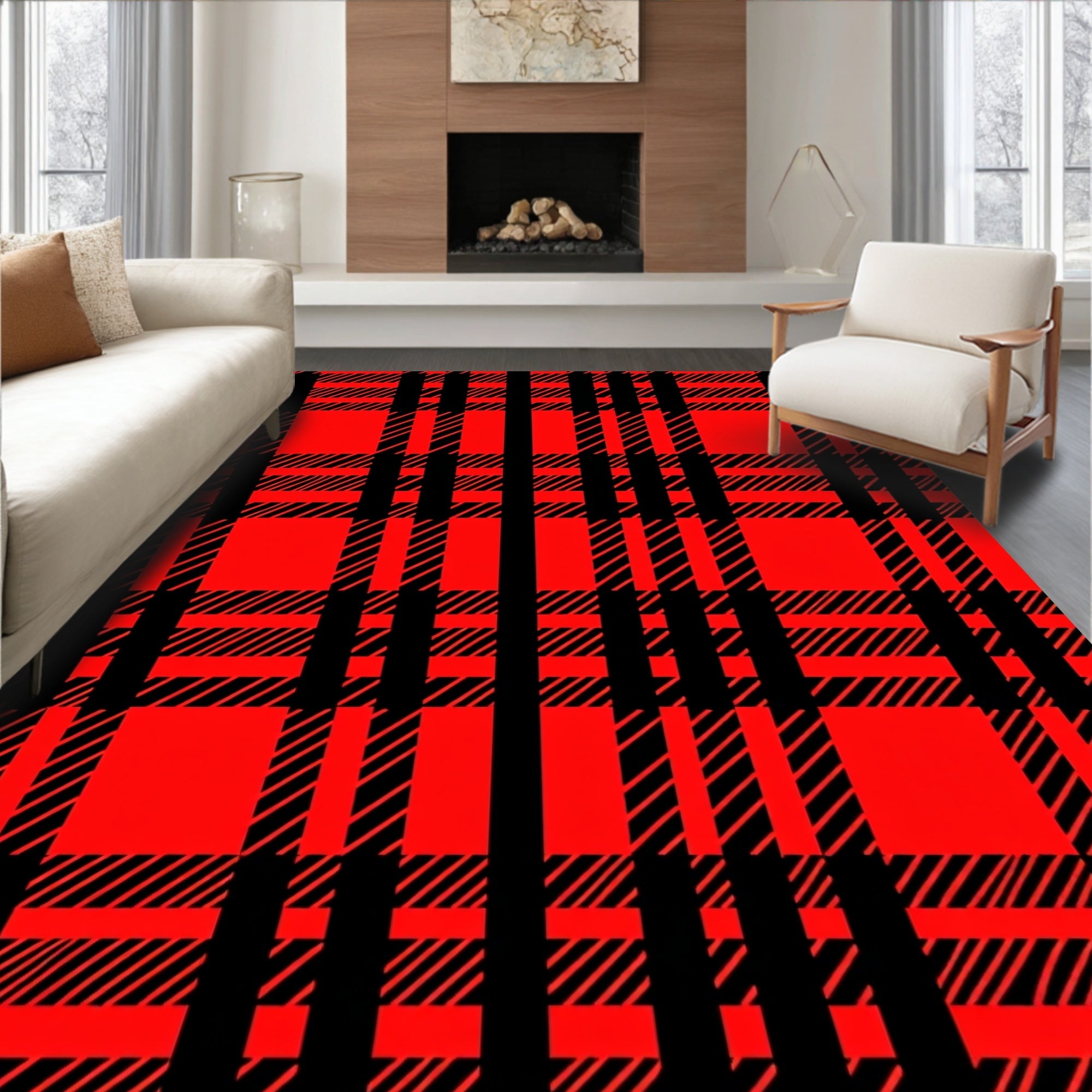Bold Red Black Plaid Stripes Rug