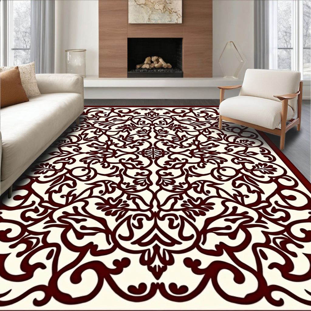 Deep Red Ivory Intricate Swirl Rug