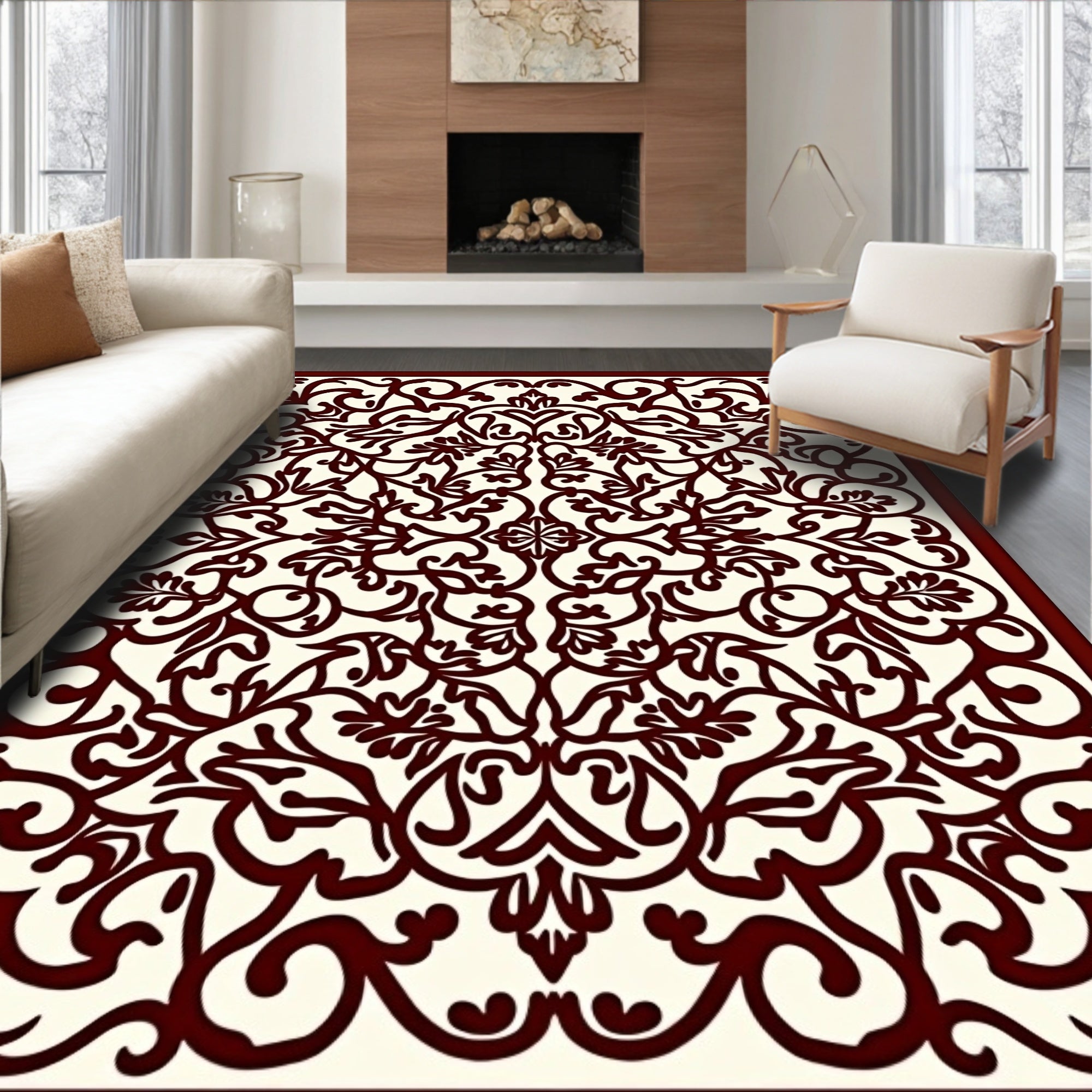 Deep Red Ivory Intricate Swirl Rug