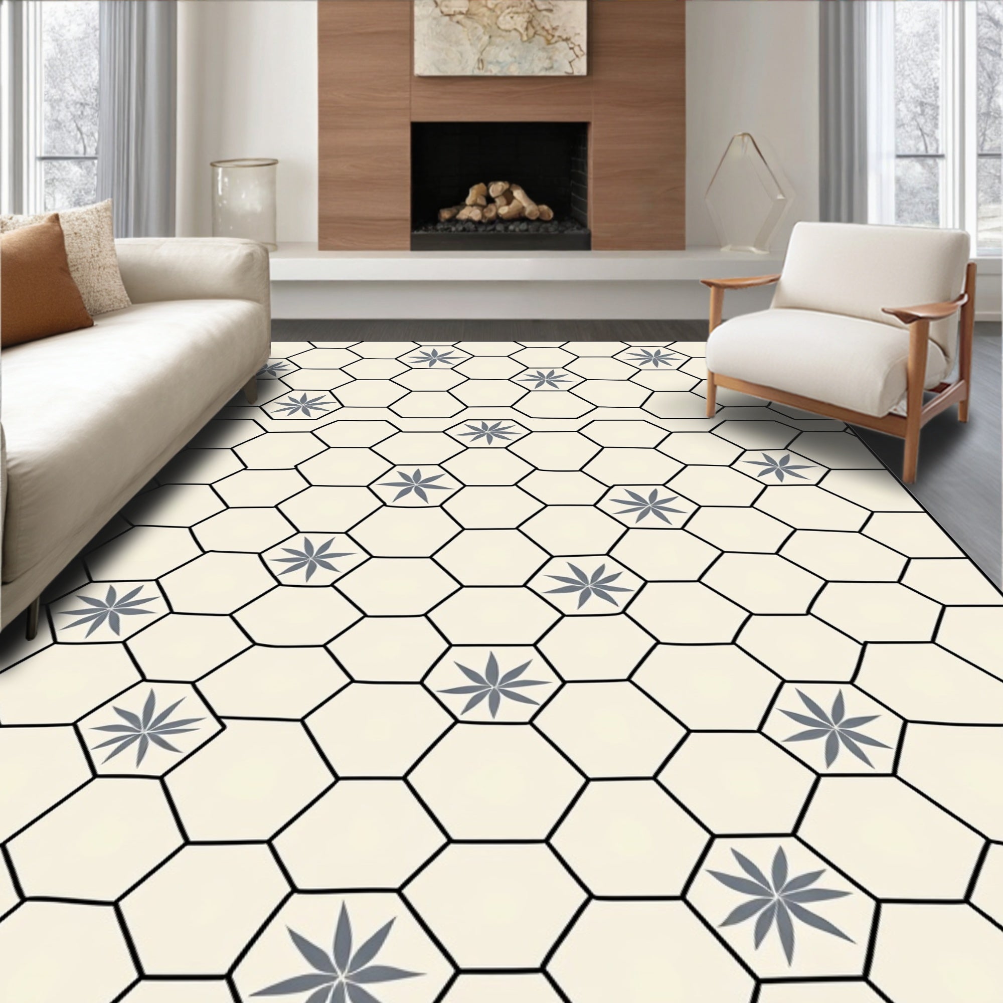 Neutral Cream Gray Hexagonal Floral Rug