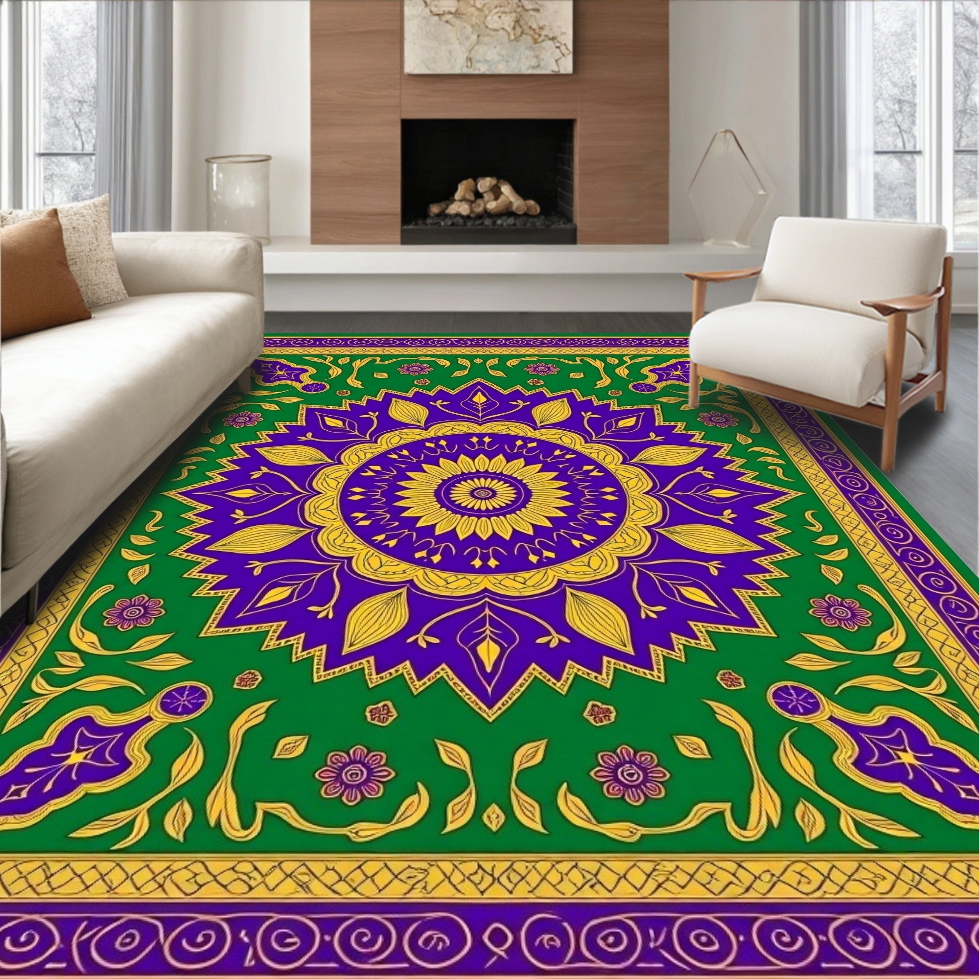 Purple Golden Floral Sunburst Green Rug
