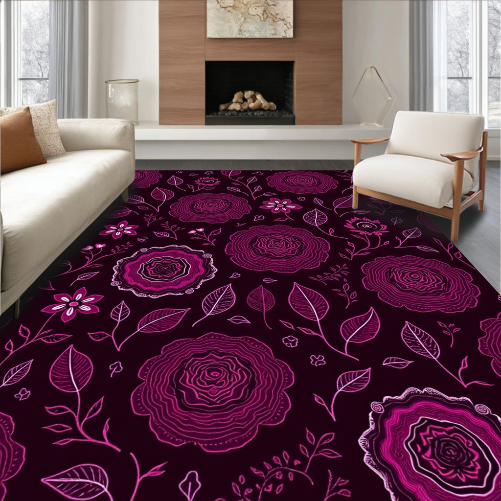 Deep Fuchsia Petal and Leaf Arrangement Rug
