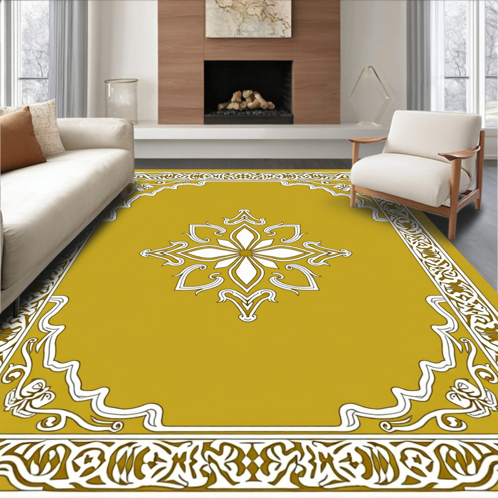 Golden Ochre Ornate Floral Border Rug