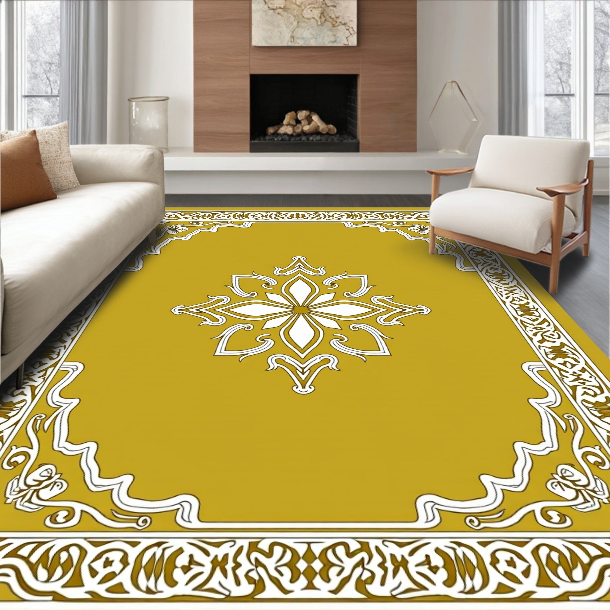 Golden Ochre Ornate Floral Border Rug