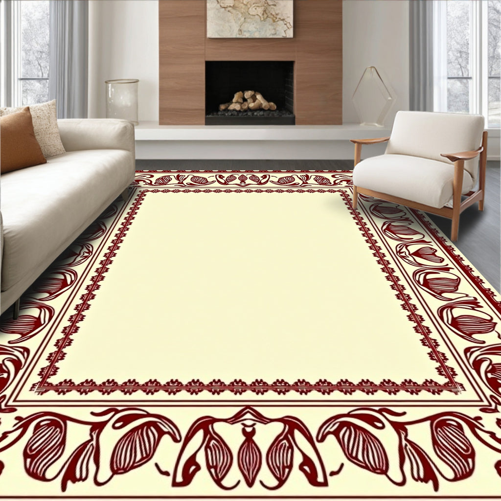 Deep Red Floral Art Nouveau Border Rug