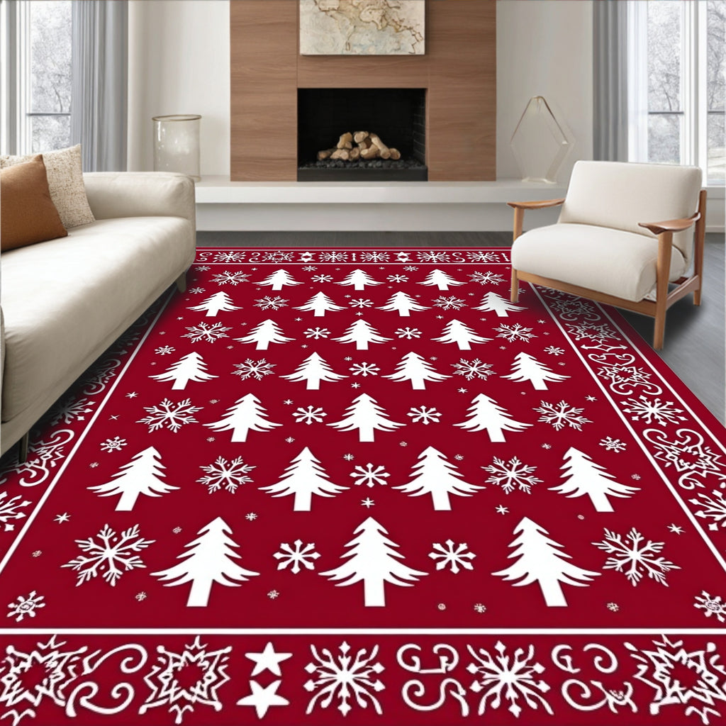 Red Evergreen Snow Flurry Border Rug
