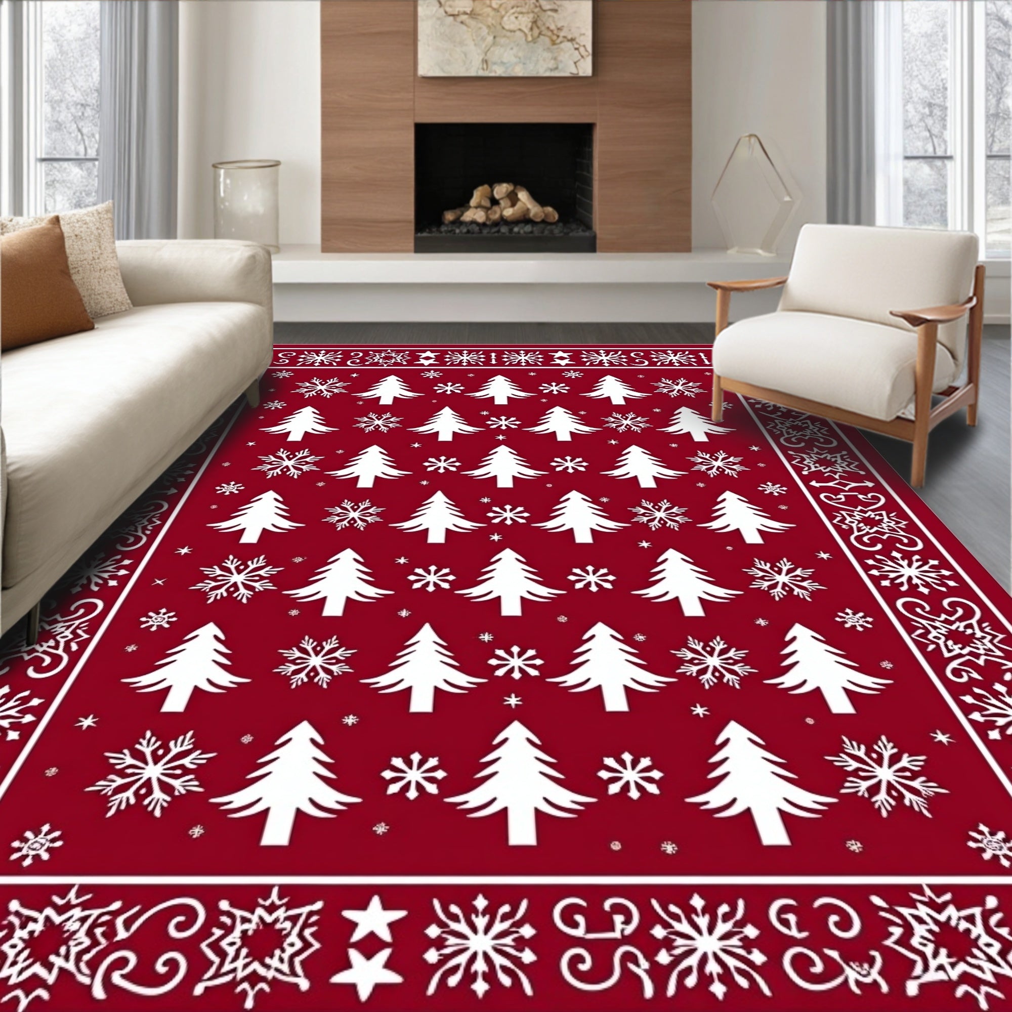 Red Evergreen Snow Flurry Border Rug