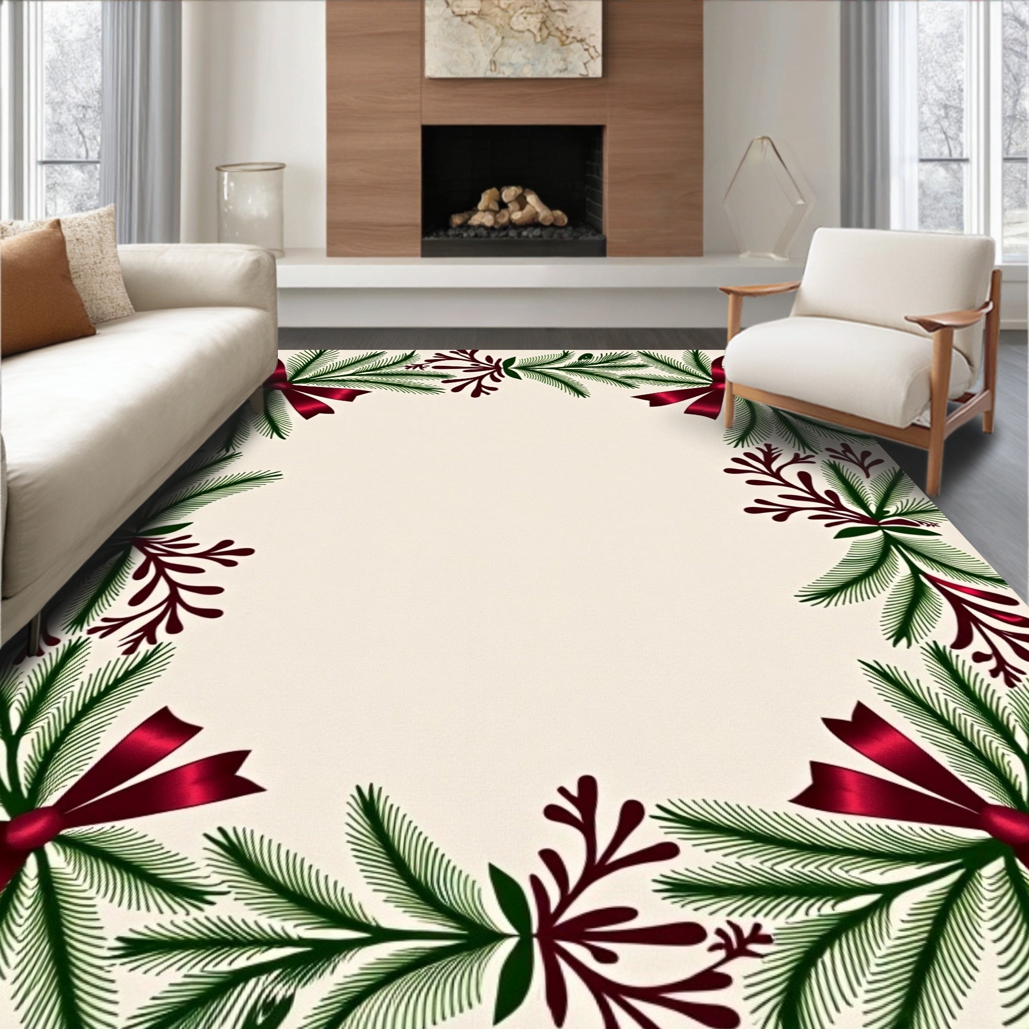 Festive Green Pine Red Bow Wreath Rug