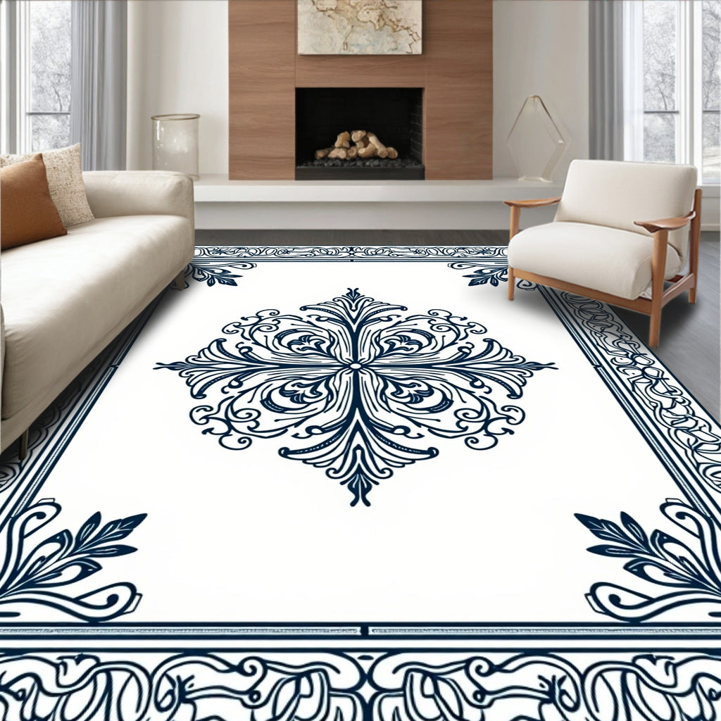 Ornate Dark Blue Floral Medallion Border Rug