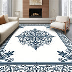 Ornate Dark Blue Floral Medallion Border Rug