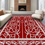 Deep Red White Vine Scroll Border Rug