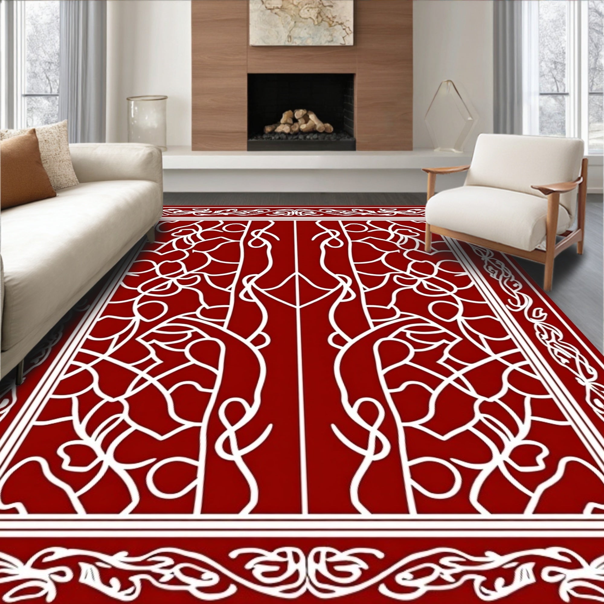 Deep Red White Vine Scroll Border Rug