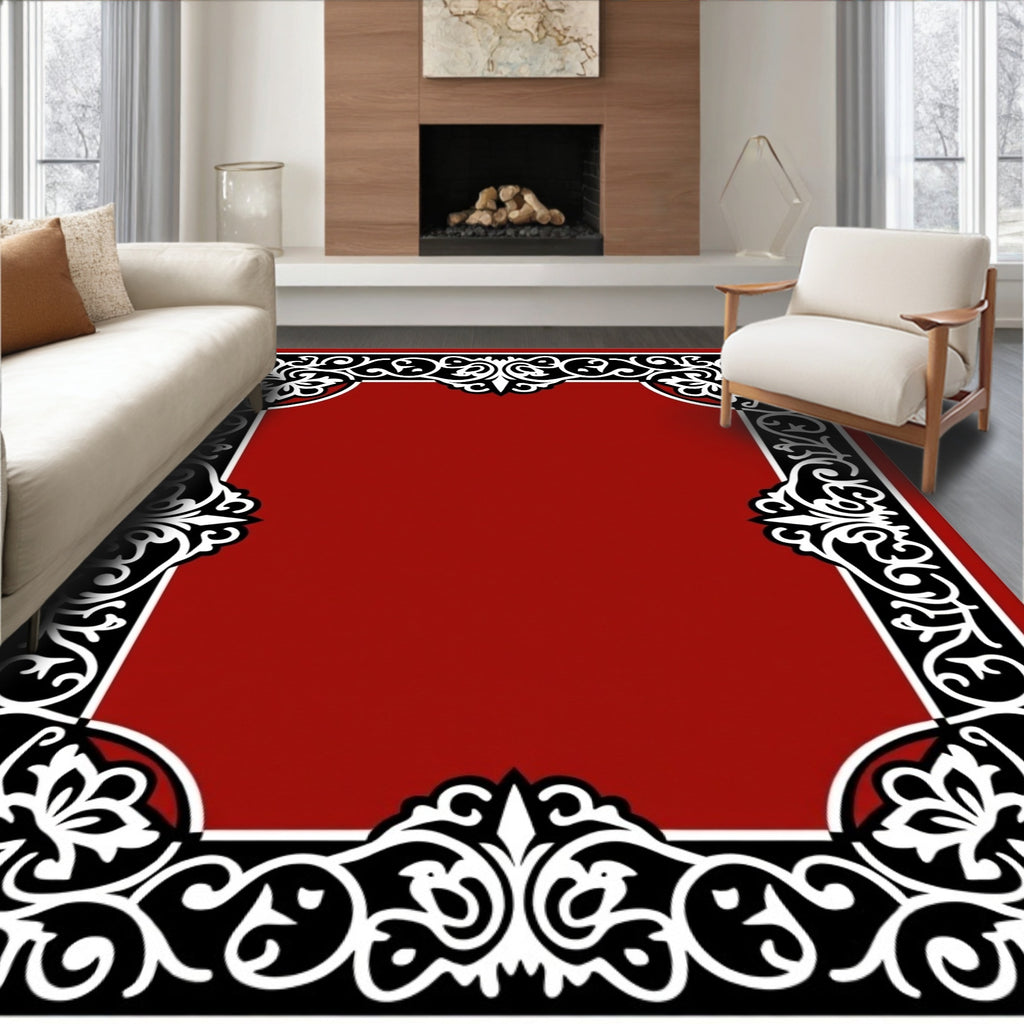 Rich Crimson White Floral Border Rug